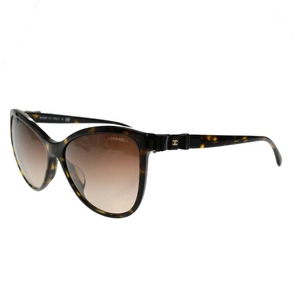 CHANEL CC Logo Bow Sunglasses Eye Wear Plastic Leather Brown 5281-Q-A 60RL083 - Picture 1 of 14